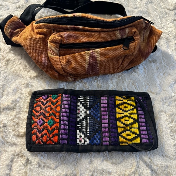 unbranded Handbags - Vintage Colorful Patterned Wallet and Brown Waist Bag ( Fanny pack)